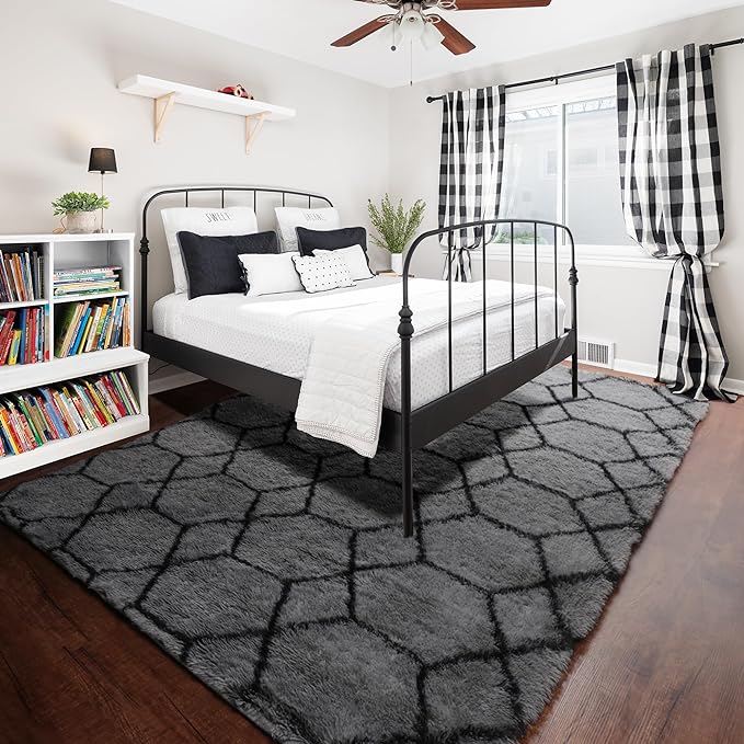 ONASAR Bedroom Living Room Area Rugs 5x8, Grey and Black Geometric Rug Floor Mat for Home Decor Aesthetic, Soft Shaggy Plush Fluffy Moroccan Carpet for Teen Nursery Playroom Dorm Classroom