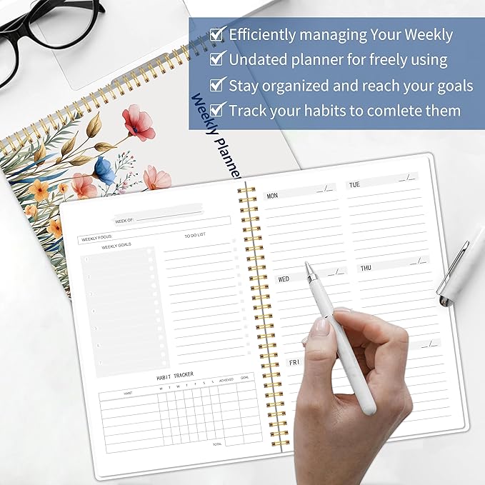 Undated Weekly Planner, Weekly To Do List Notebook with Goal & Habit Tracker Organizer, A5 5.8" x 8.0" Weekly Planner Notebook with Spiral Binding for Men or Women