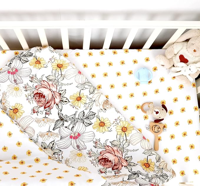 4-Piece Crib Bedding Set for Girls, Boho Baby Girl Bedding Set with Crib Skirt, Baby Quilt, Crib Sheet and Diaper Stacker, Flower