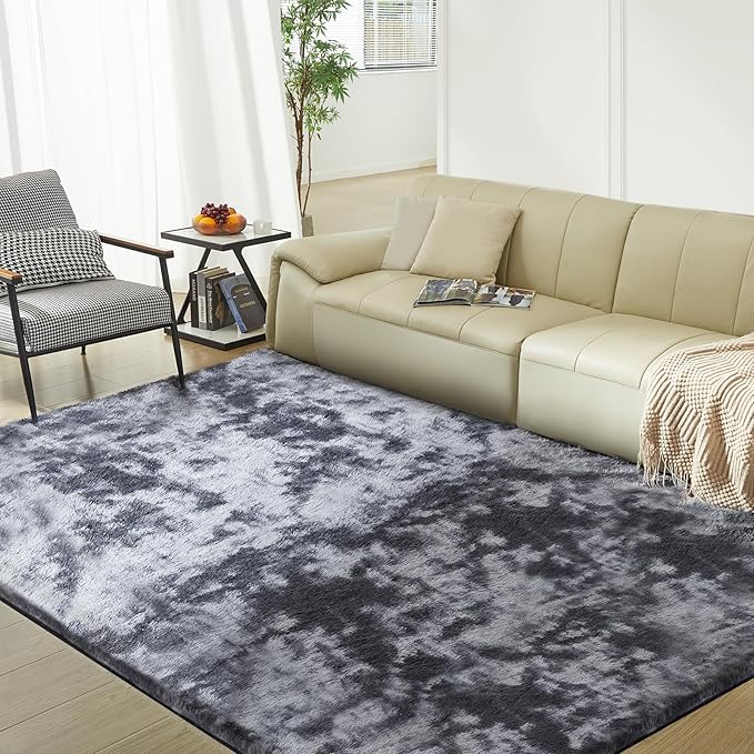 Ultra Soft Rug for Living Room, 3X5 Fluffy Shag Area Rug for Bedroom, Modern Shaggy Carpets Fuzzy Rug for Teens Dorm Nursery Home Decor Aesthetic, Upgrade Anti-Skid Durable, Tie Dye Black and Grey