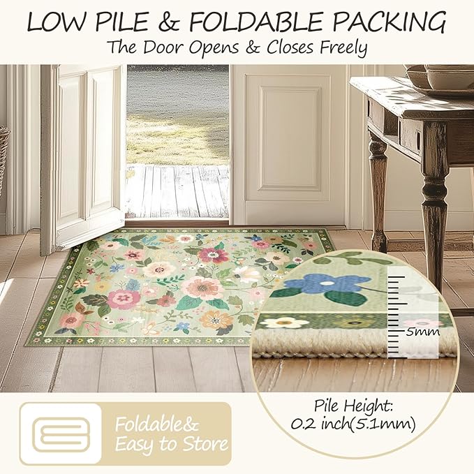 Floral 3x5 Area Rug Machine Washable Soft Print Boho Carpet Non Slip Doormat Low Pile Flower Area Rugs for Living Room Bedroom Nursery Kitchen Dining Room Indoor-Light Green