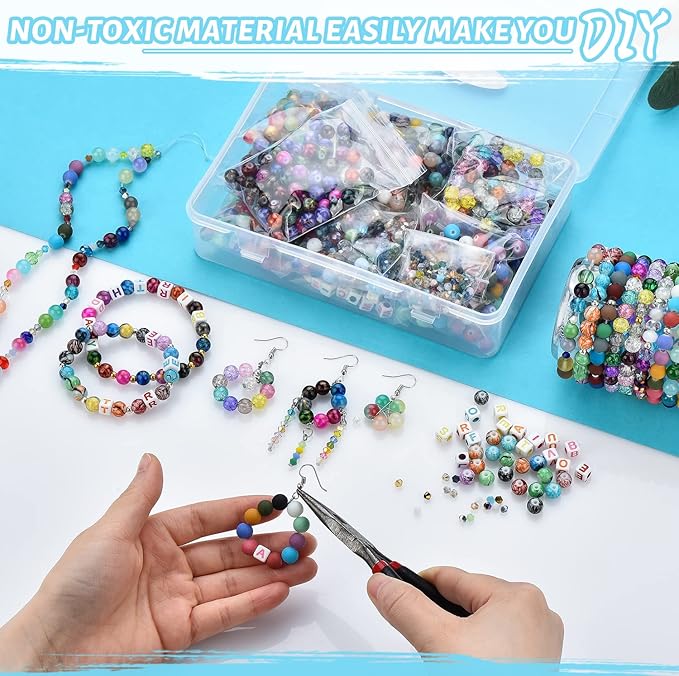 Glass Beads for Jewelry Making,1400Pcs Over 120 Different Pattern Beads Bulk, Include Crystals Beads, Crackle Beads, Letter Beads, Bicone Bead, Spacer Beads for Bracelet Earring Necklace DIY Crafts