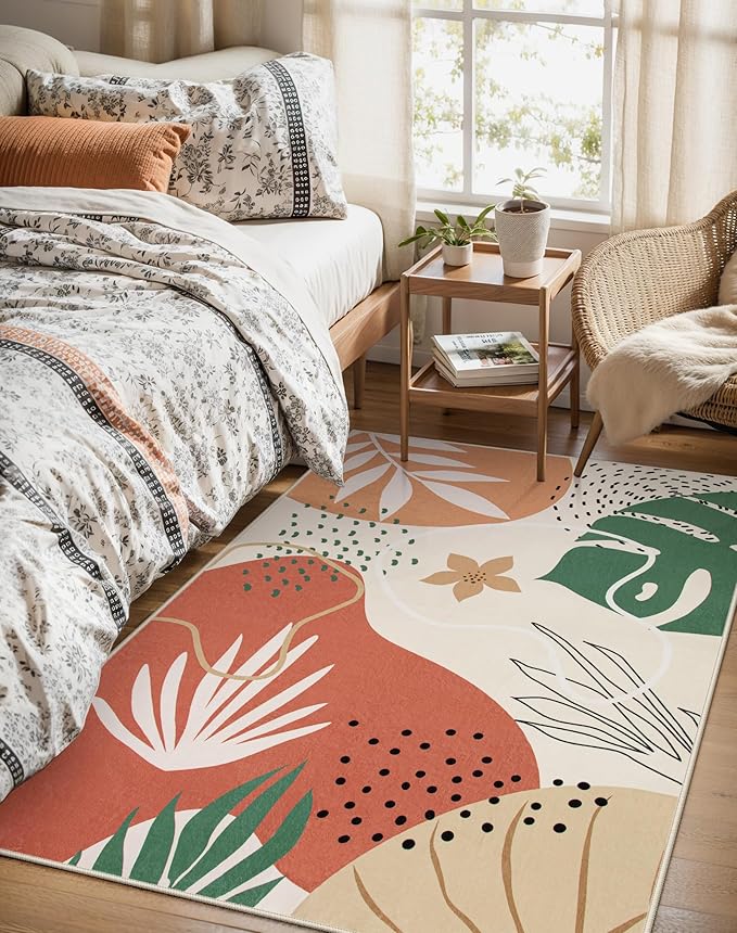 Lahome 4x6 Area Rugs, Washable Rug 4x6 for Living Room Soft Carpet for Bedroom Nursery Kids Room, Botanical Print Non-Slip Low Pile Carpet for Entryway Office Playroom Kitchen, Coral