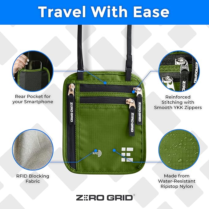 Neck Wallet for Travel & Passport Holder with RFID Blocking - Slim & Easy to Conceal Nylon Travel Pouch for men & women - Holds Phone, Cash, Cards, Keys - Sweat & Water Resistant - Large - Forest