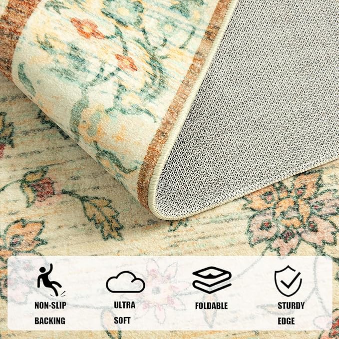 LOCHAS Washable Area Rugs 5x7, Beige Floral Rug for Living Room Bedroom Non Slip, Ultra Soft Vintage Indoor Carpet for Kids, Nursery, Dorm, Dining Room, Classroom, Boho Flower Home Decor, Low-Pile
