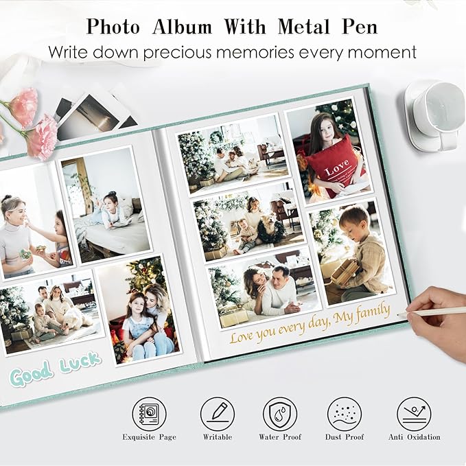 Spbapr Large Photo Album Self Adhesive 4x6 5x7 8x10 10x12 Pictures Magnetic Scrapbook Linen Cover DIY Album with A Metal Pen 13.2"x12.8"40pages