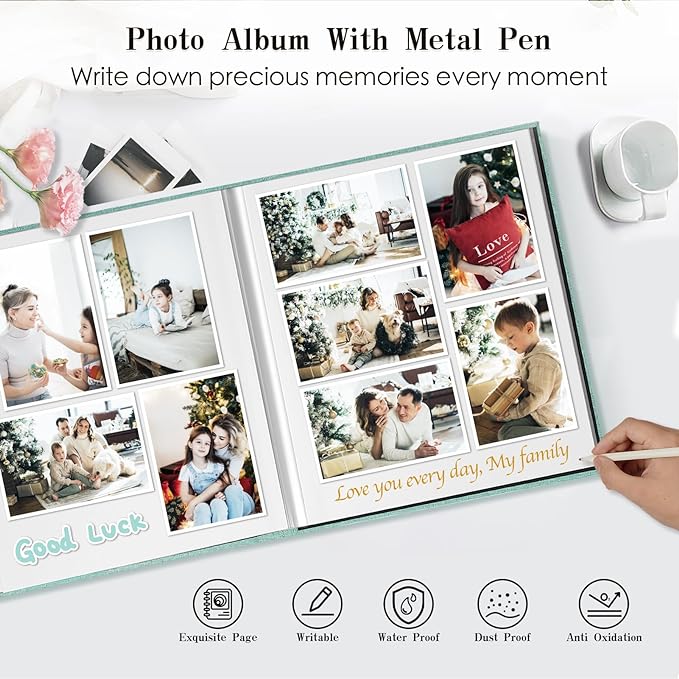 Spbapr Large Photo Album Self Adhesive 60 Pages Linen cover DIY Magnetic Scrapbook album with A Metal Pen Hold 11''x10.6''60pages