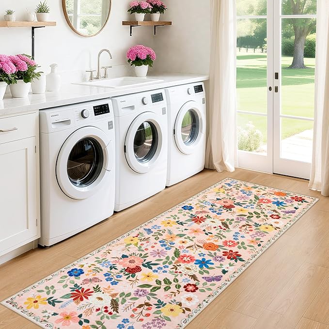 Runner Rug for Entryway: 2x6 Kitchen Rugs Non Slip Washable Ultra-Thin Soft Floral Carpet Indoor Floor Stain Resistant Carpets for Hallway Bedroom Kitchen Laundry Bathroom Dorm Beige