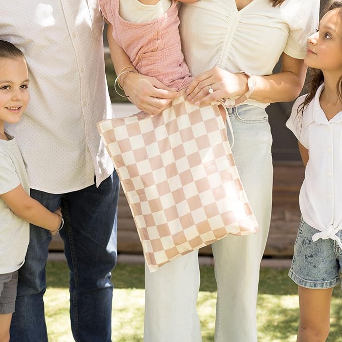 Tiny Twinkle Mess-Proof Waterproof Wet Dry Bag | 2-Pack Reusable Wet Bags for Swimsuits & Baby Clothes | Leakproof Wet Bag for Travel & Diaper Changes for Baby (Pink, Brown Checkers)