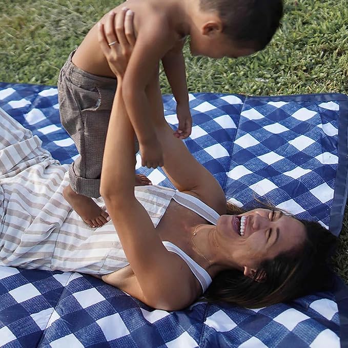 Little Unicorn 5'x7' Outdoor Family Picnic & Beach Blanket | Durable & Water-Resistant Fabric | Compact Fold & Easily Wipes Clean | Zipper Pocket (Navy Plaid)