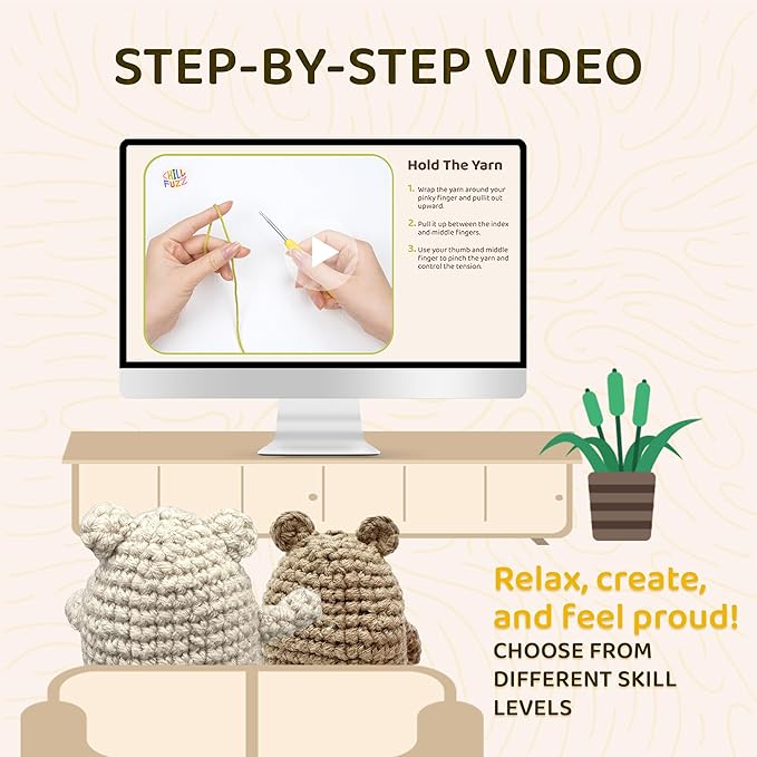 ChillFuzz Animal Crochet Kit Beginner Crochet Kit for Adults and Kids with Soft Yarn Hook and Instructions Cute Handmade DIY Gift Bear