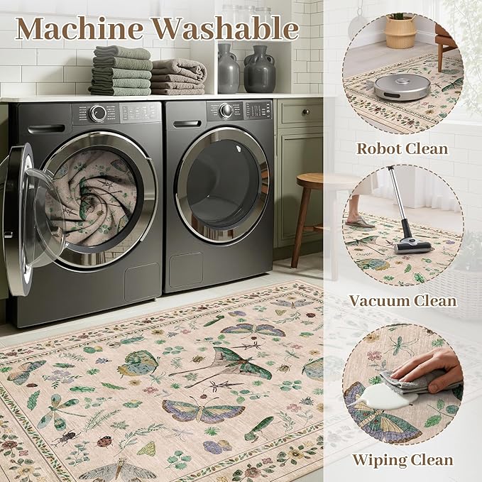 6x9 Rugs for Living Room with Insect Print - Bug Rug Non-Silp Stain Resistant Soft Carpet for Bedroom, Low Pile Ultra-Thin Machine Washable Carpet for Dining Room, Kids Nursery, Office (6'x9' Beige)