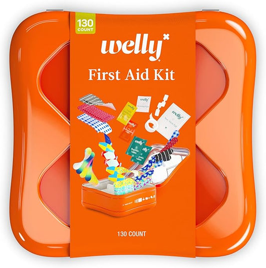 Welly First Aid Kit - Adhesive Flexible Fabric and Waterproof Bandages, Tape and Non-Stick Pads, Butterfly Strips, Single Use Ointments Triple Antibiotic and Hydrocortisone, and Ibuprofen - 130 Count