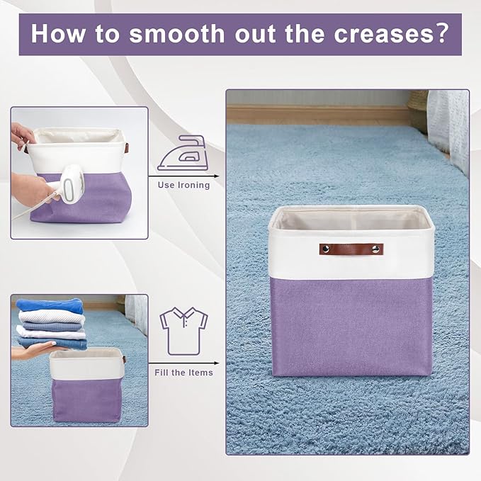 13x13 Cube Storage Bins, Collapsible Fabric Storage Box, 4 Pack Closet Baskets with Handles for Organizing, Shelf, Toys, Clothes, Home, Office, Nursery (Purple&White)