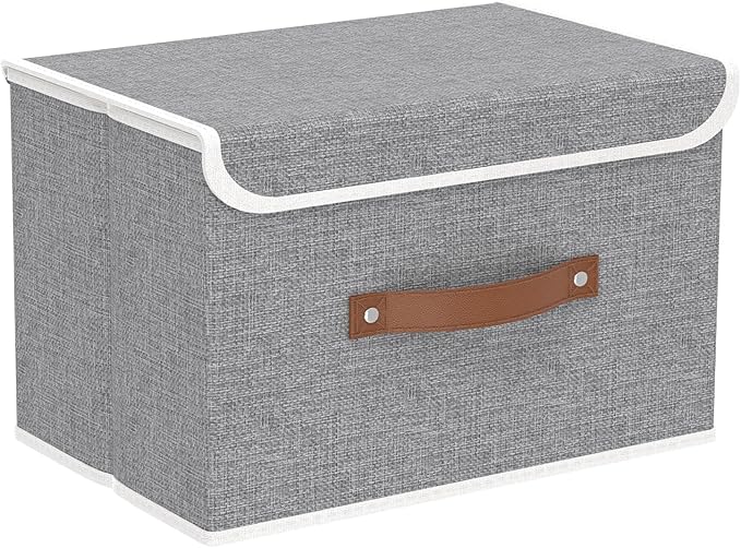 Yawinhe Collapsible Storage Bin, Cube Organizer Basket, Fabric Box with Lids, Washable and Leather Handle, for Home, Closet, Grey, 15.0''Lx9.8''Wx9.8''H, 1-Pack, USNK024GL-1