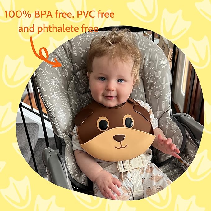 Silly Goose Set of 2 Silicone Animal Baby Bibs for Babies and Toddlers, Waterproof, Adjustable, Soft, Extra Wide Food Catcher Pocket (2PK Hippo+Bear)