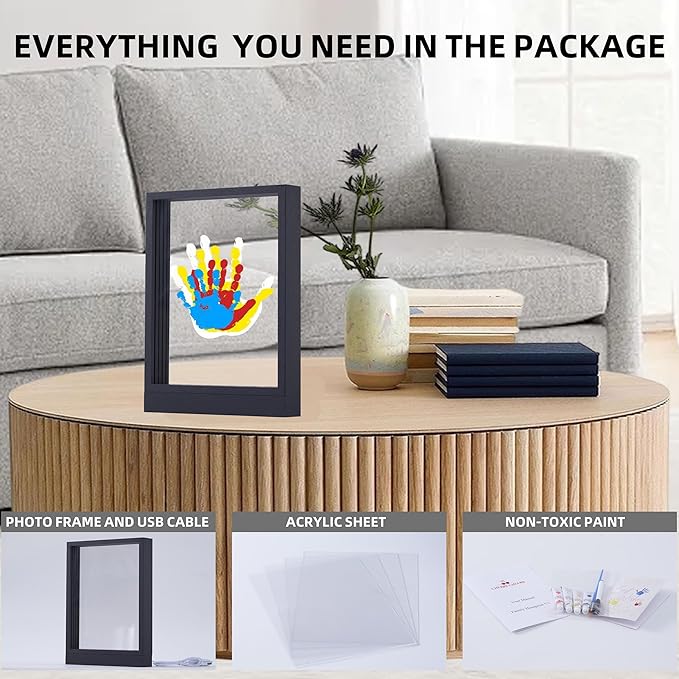 CHERRY CHEERS Family Handprint Kit with Light, Handprint Keepsake Frame, Wooden Led Light, Easy Install, No Need Screw etc, Non-Toxic Paints (Black)