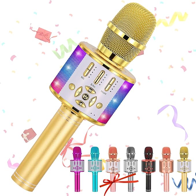 Amazmic Kids Karaoke Microphone Machine Toy Bluetooth Microphone Portable Wireless Karaoke Machine Handheld with LED Lights, Gift for Children Adults Birthday Party, Home KTV(Gold)