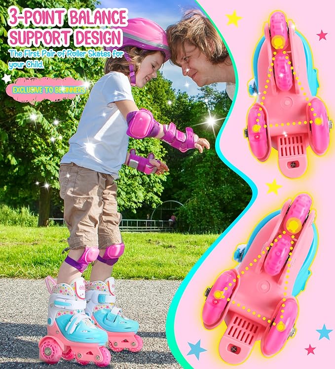 Adjustable Roller Skates for Kids Girls Ladies with Light Up Flash LED Wheels(Age 3-9),Three-Point Type Balance,Gift Box Packing for Toddlers,Children