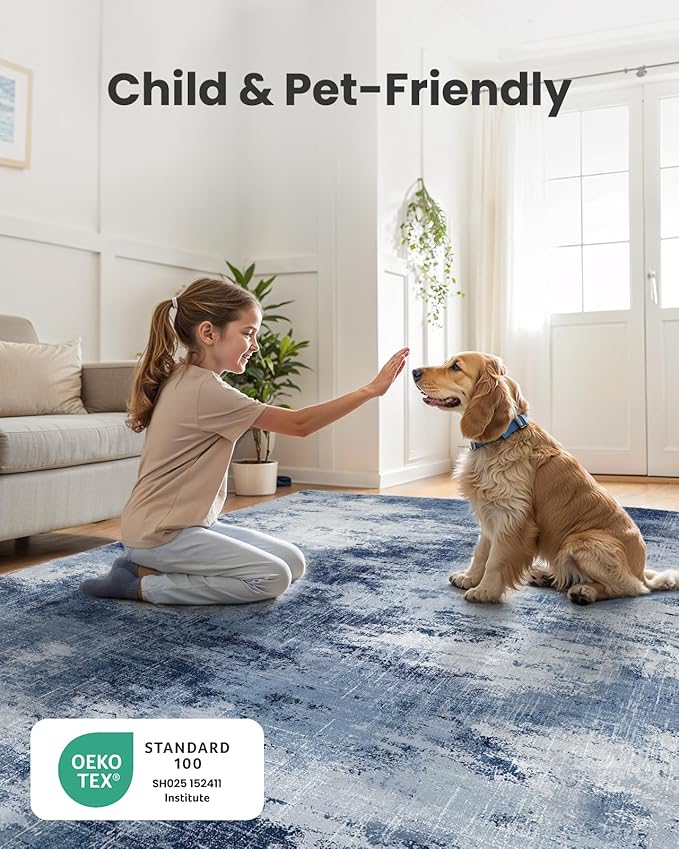 Amada 8x10 Washable Area Rug, Modern Abstract Living Room Rug with Non-Slip Backing & Short Pile, Large Rug with Abstract Pattern for Living Room, Bedroom and Dinning Room, Dark Blue