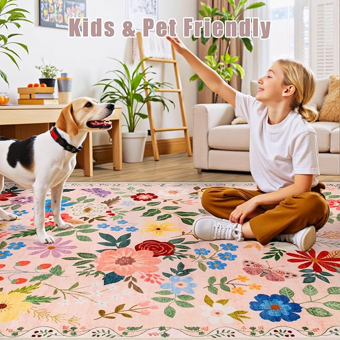 Area Rug Living Room Rugs: Floral 5x7 Washable Rug Vintage Soft Boho Non-Slip Carpet Indoor Floor Stain Resistant Large Carpets for Bedroom Dining Room Farmhouse Nursery Hallway Home Office Beige