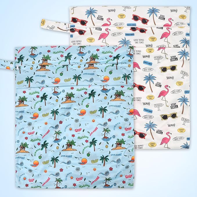 2pcs Travel Waterproof Laundry Bag, Cloth Diaper Wet Dry Bags with Handle & 2 Zipper Pockets, Reusable Washable Dirty Clothes Bag for Baby Adult Travelling Hanging, Bathing Beach Pool Daycare