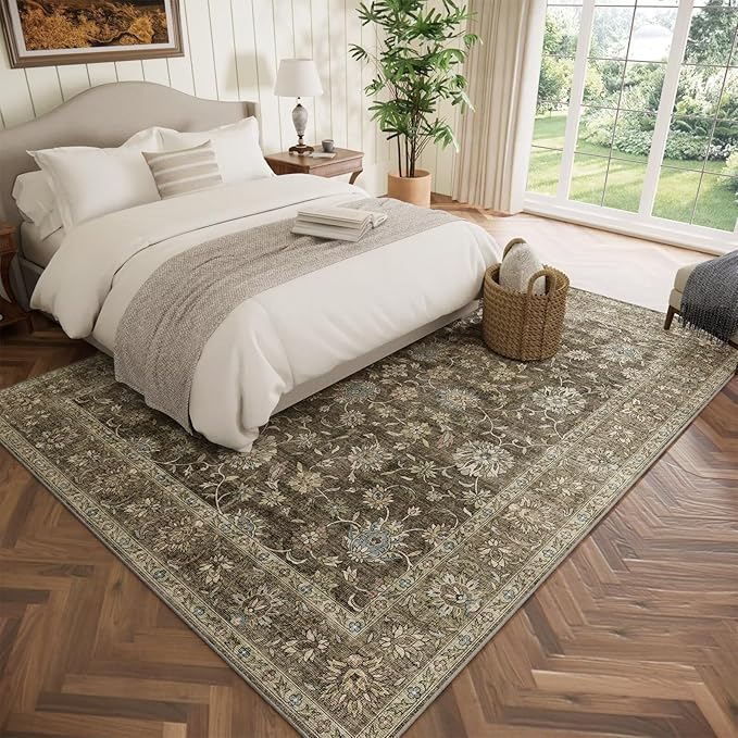 Washable 6x9 Area Rugs for Living Room, Boho Non-Slip Silicone Backing Large Rugs for Bedroom Dining Room Nursery Office, 0.3" Neutral Oriental Throw Carpet with 0.16" Cushioning Pad, Flaxen/Multi
