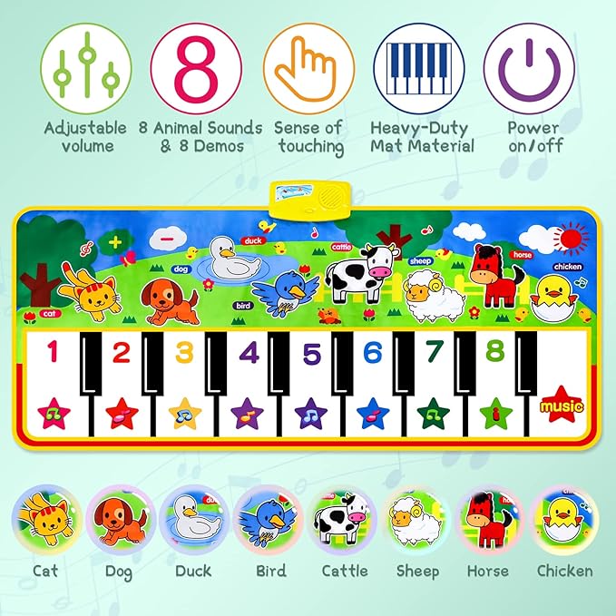 M SANMERSEN Piano Mat, 53'' x 23'' Musical Toys for Toddlers Floor Piano Touch Playmat with 8 Animal Sounds, Music Keyboard Dance Mat Toddler Toys Gifts for Boys and Girls 1 2 3 4 5 Year Old