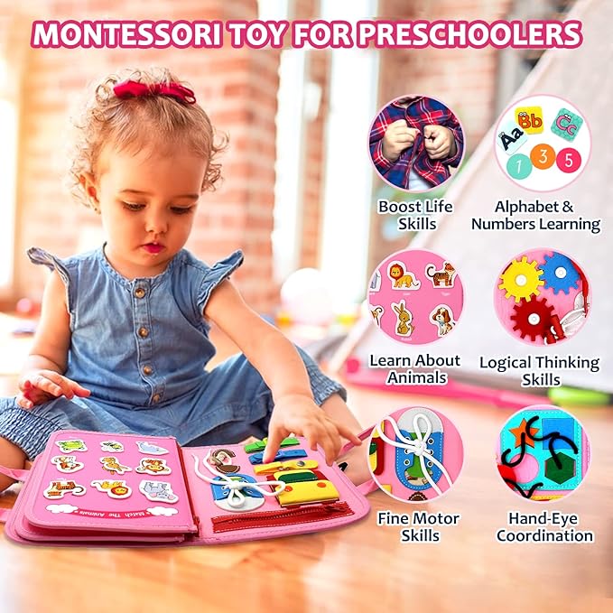 Qizfun Busy Board Montessori Toy for 1 2 3 4 Years Old, Educational Activity Sensory Board Preschool Learning Fine Motor Skills Toys, Toddler Travel Toy for Plane Car, Gift for Boys Girls (Pink/P4)