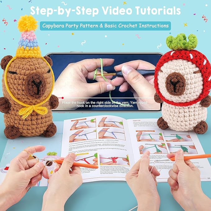 Crochet Kit for Beginners-2PCS Animals Brown and Beige Capybara Crochet Kit with Step-by-Step Video Tutorials, Stuffed Animal Knitting Kit for Adult Kids, Capybara Party Crocheting Kit for Birthday