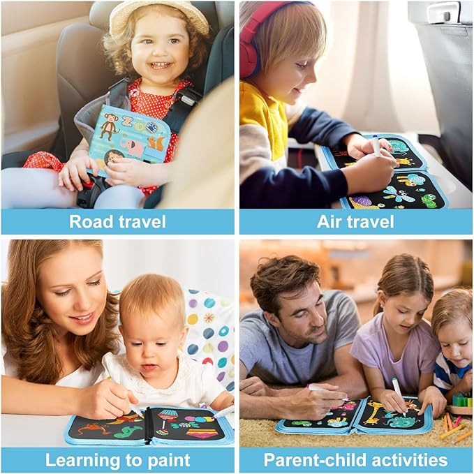 Erasable Doodle Set for Kids - Reusable Magic Drawing Book with 12 Watercolor Pens 14 Page Drawing, Road Trip Car Game Writing Painting Set for Boys and Girls (Blue Zoo)