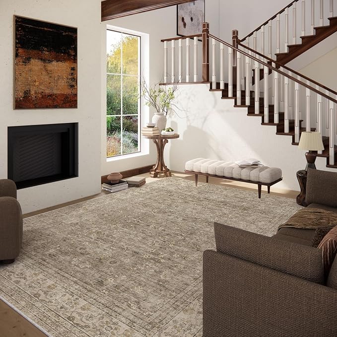 Machine Washable Rugs for Living Room: 6x9 Area Rugs for Bedroom Vintage Stain Resistant Non Slip Low Pile Lightweight Boho Carpet for Kitchen Dining Room Farmhouse Kids Room Nursery