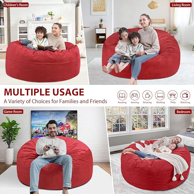 3FT Bean Bag Chair, Comfy Bean Bag Chairs with Memory Foam Filled, Fluffy Beanbag Sofa with Dutch Velvet Cover, Round BeanBag Chairs for Living Room, Playroom - Red