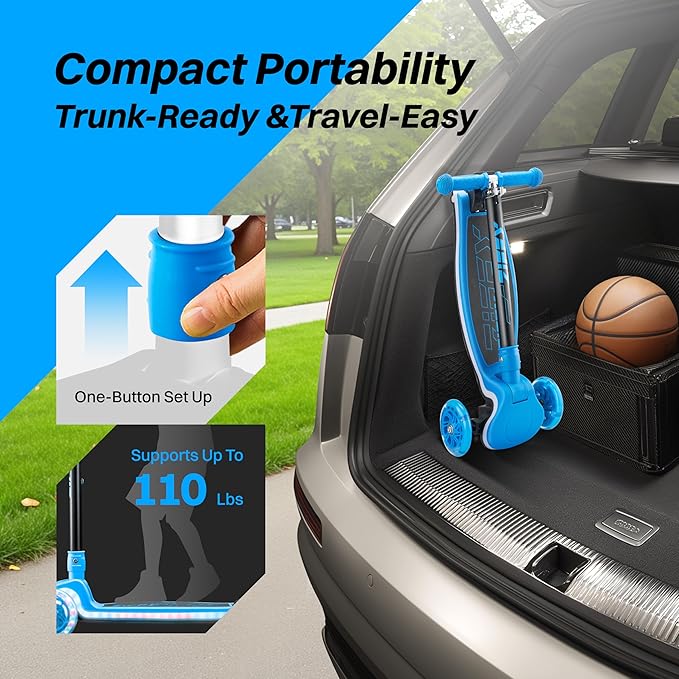 ZIFFY 3-Wheel Light-Up Kids Scooter, Kids Balance Scooter for Boys Girls with 20 Dynamic LED Lights, 4 Adjustable Height, Lean-to-Steer Design with Anti-Slip Wide Surface for Stability - Up to 110LBS