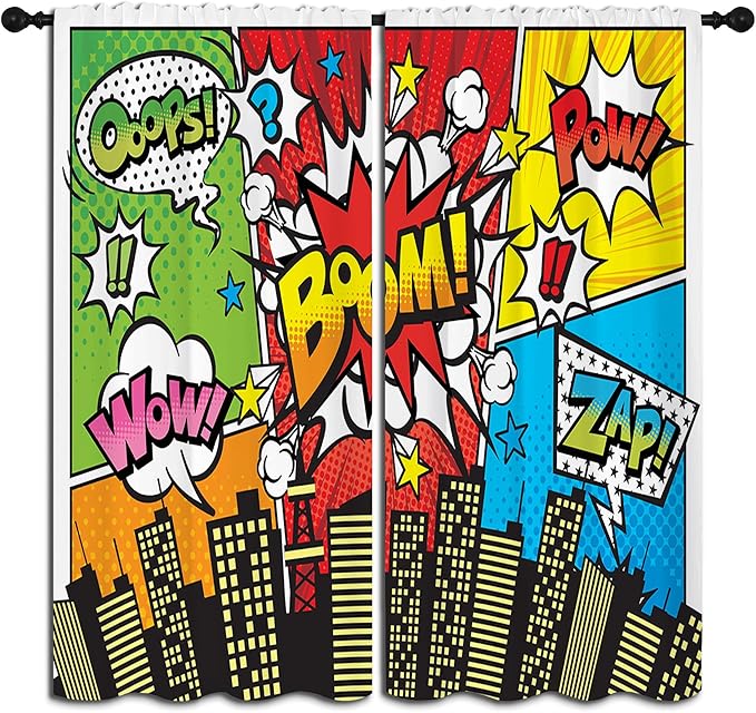 Superhero City Wars Explosion Rod Pocket Blackout Curtains for Boy Girl Bedroom, Colorful Comics Ar Home Energy Efficient Light Filtering Window Curtain for Living Room, 63x63 inch