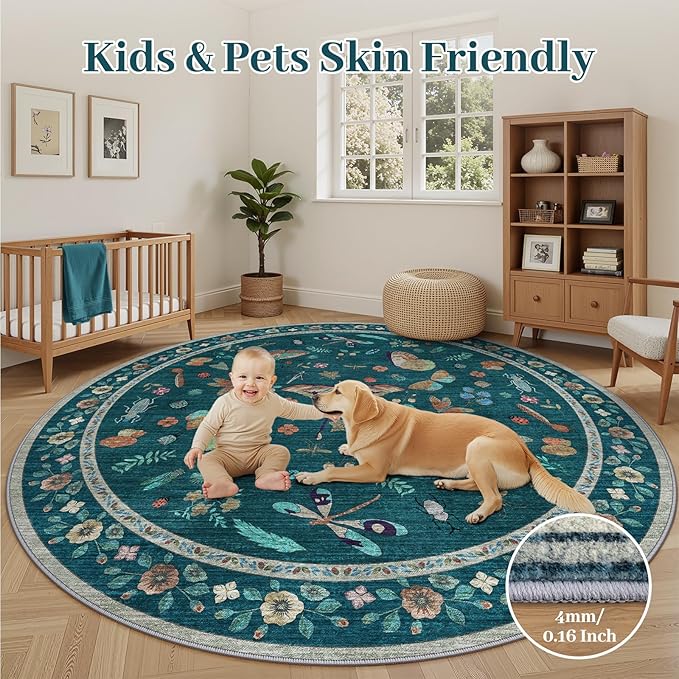 6ft Washable Round Rug - Bug Rugs for Living Room Non-Slip Low Pile Soft Ultra-Thin Machine Washable Circle Carpet for Bedroom, Entryway, Nursery, Kitchen, Home Office (6' Round Teal)