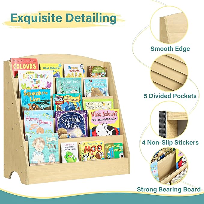 TOETOL 5-Tier Kids Bookshelf - Toddler Book Display Shelves for Classrooms, Playrooms, and Nursery - Wooden Children Book Rack (Natural)