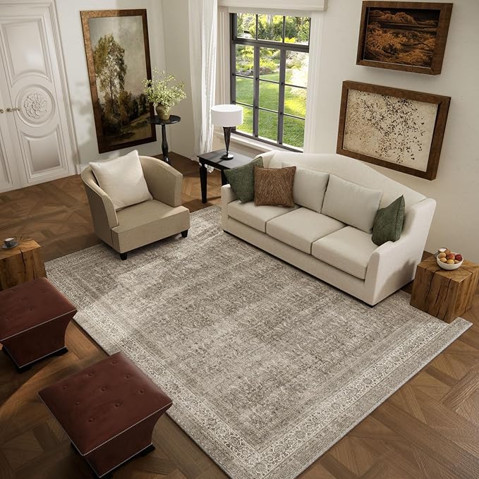 Washable Area Rugs for Living Room: 5x7 Bedroom Rug Boho Vintage Area Rug Stain Resistant Non Slip Low Pile Lightweight Soft Carpets for Dining Room Kitchen Nursery Kids Room Farmhouse