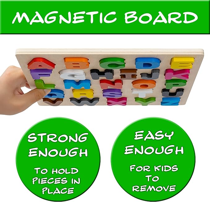 Magnetic Wooden Educational ABC Puzzle - Learn Alphabet & Color Recognition Toy – Toddler Preschool Game – Kids Montessori Education…