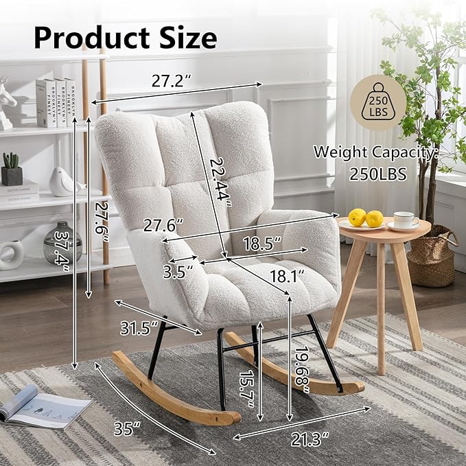 NIOIIKIT Nursery Rocking Chair Teddy Upholstered Glider Rocker Rocking Accent Chair Padded Seat with High Backrest Armchair Comfy Side Chair for Living Room Bedroom Offices (Ivory Teddy)