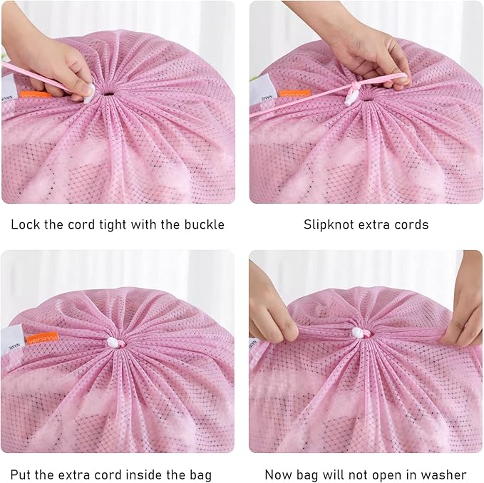 Polecasa Heavy Duty Diamond Large Mesh Laundry Bag with ID Tag and Locking Drawstring Closure - 24 x 36 inches - Laundry Hamper Liner, Washable Laundry Bags for Travel, Sports, Dorms (Pink)