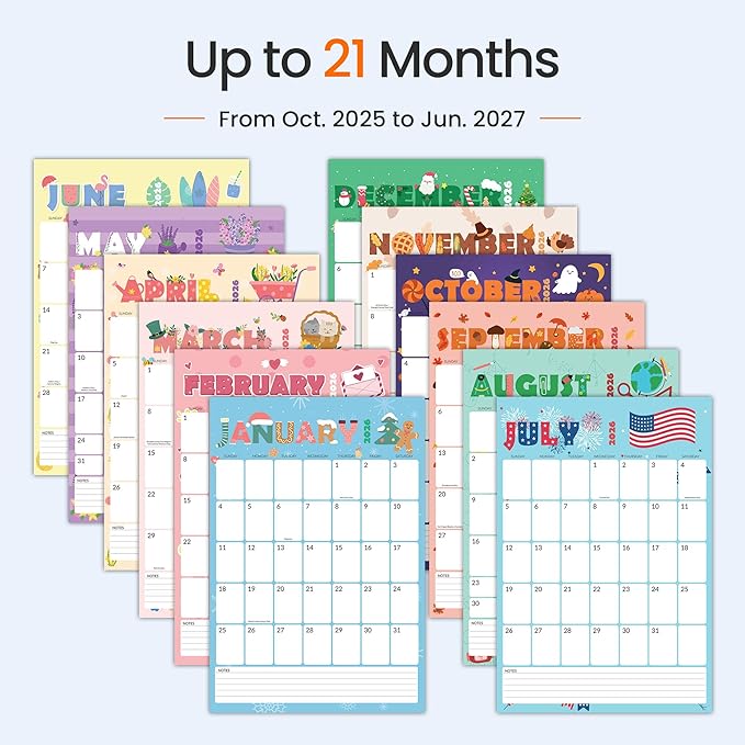 SUNEE Wall Calendar 2025-2026 Large 22.75"x15.5", 21 Month Calendar from October 2025 to June 2027, Vertical Extra Large Monthly Calendar 2026 for Wall, Cute