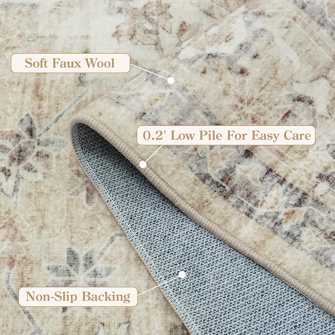 LIVEBOX Washable 2.5x8 Runner Rugs for Entryway Bathroom, Boho Kitchen Floor Mats Long Rug Runners for Hallways Non Slip, Farmhouse Low-Pile Carpet Runners for Laundry Room, Tan