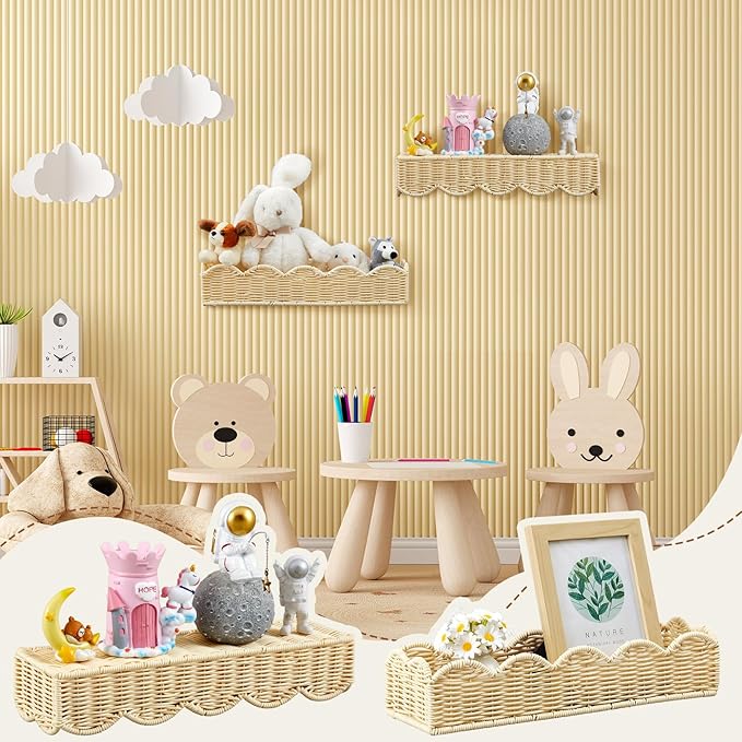 Pinkunn 3 Set Nursery Book Shelves Scalloped Rattan Wall Shelf 15.8 x 3.2 Inch Wall Mounted Plastic Floating Book Shelve, Hanging Boho Wicker Woven Shelf for Nursery Decor and Storage (Boho Beige)