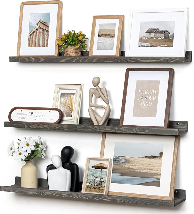 Picture Ledge Wall Shelves - 36 Inch Width Set of 3, Solid Pine Wood Rustic Floating Ledge Shelves for Kids' Room, Bedroom, Kitchen, Bathroom, Living Room, Nursery Display Wall Decor, Grey
