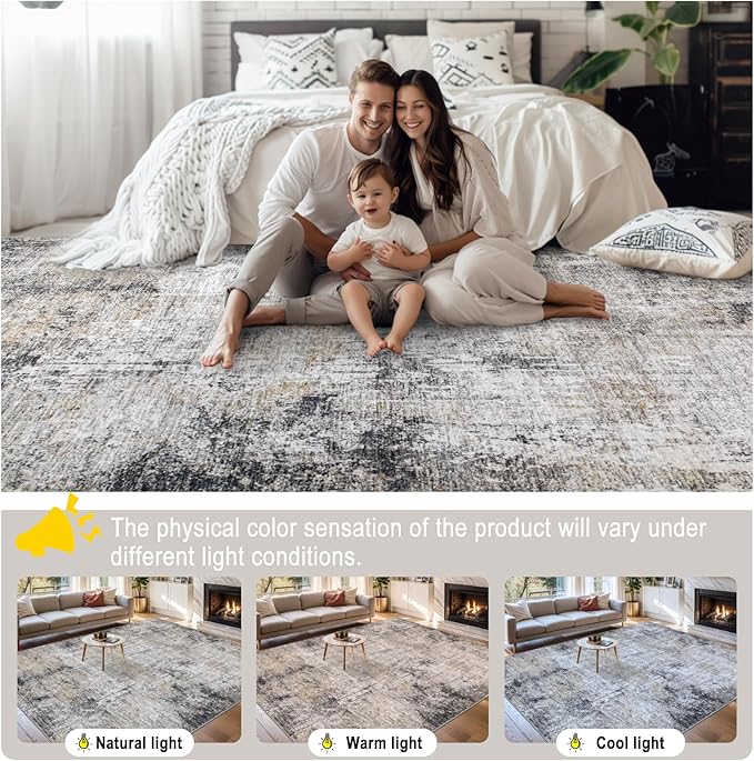 6x9 Area Rugs for Living Room - Washable Rug Modern Abstract Soft Large Neutral Non-Slip Carpet Indoor Floor Thin Carpets for Bedroom Dining Room Farmhouse Nursery Home Office Brown Black Grey