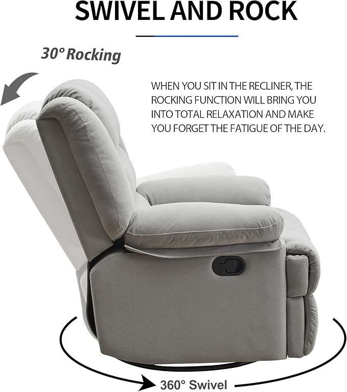 Swivel Rocking Recliner Chair for Adults, Overstuffed Manual Glider Rocker Recliner Chairs, Upholstered Reclining Single Sofa for Living Room Nursery (Light Grey)