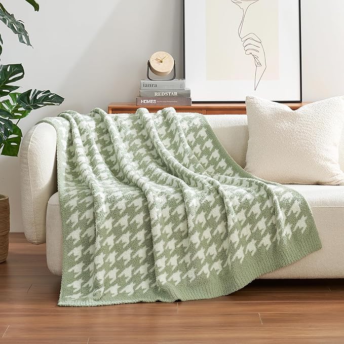 Snuggle Sac Houndstooth Throw Blanket for Couch, Reversible Super Soft Warm Blankets Cozy Knit Fuzzy Plush Lightweight Throws for Sofa, Bed, Camping, Green,50x60 inches