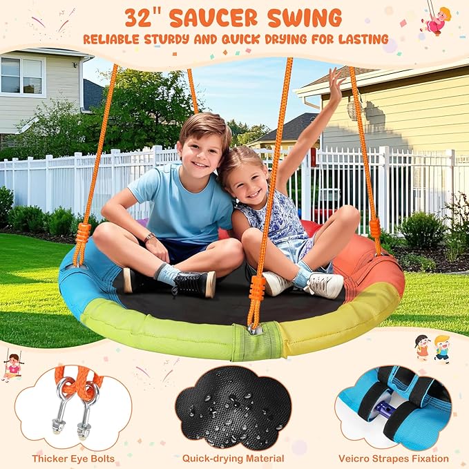 Swing Set for Backyard with Stand - Heavy Duty 440lbs Metal A-Frame Outdoor Playset with 32" Saucer Swing & 26.2" Seats