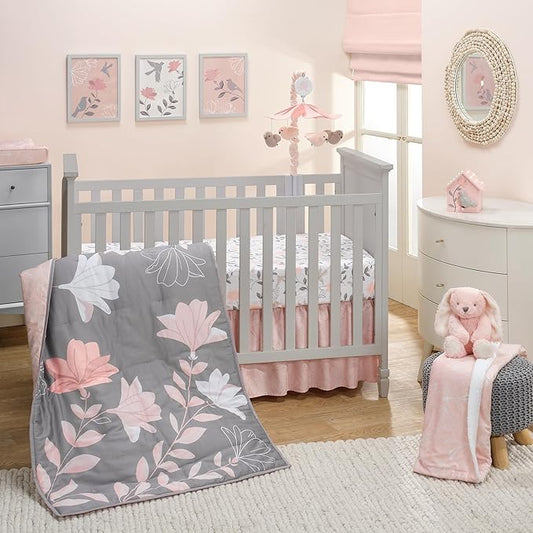 Lambs & Ivy Petals Gray/Pink Sateen Cotton Floral 3-Piece Baby Crib Bedding Set